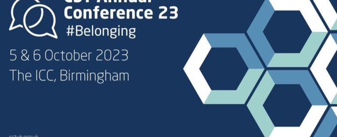 CST Annual Conference 23 Official poster consisting of multicoloured hexagons on a navy blue background